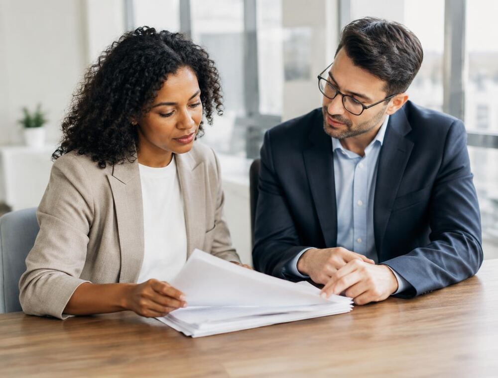 A small-business owner reviewing business materials with an advisor